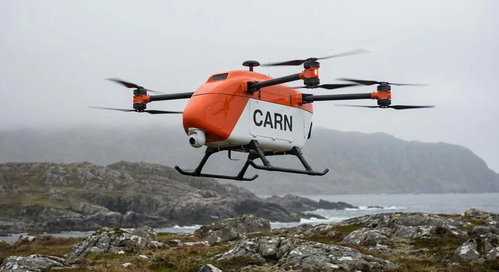 CARN autonomous drone flying over rugged terrain during a search and rescue operation